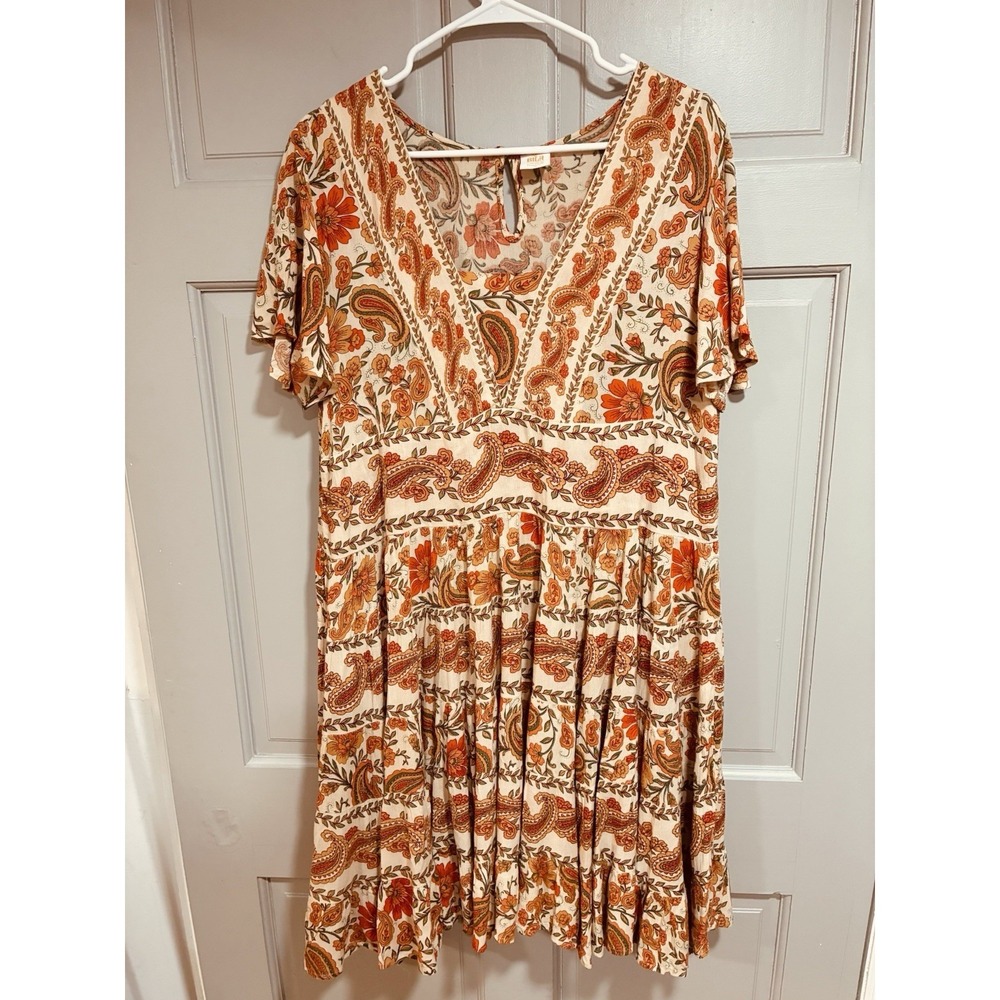 BILA Women Dress Medium Tiered Short‎ Sleeve Boho Floral Paisley Flowy Relaxed